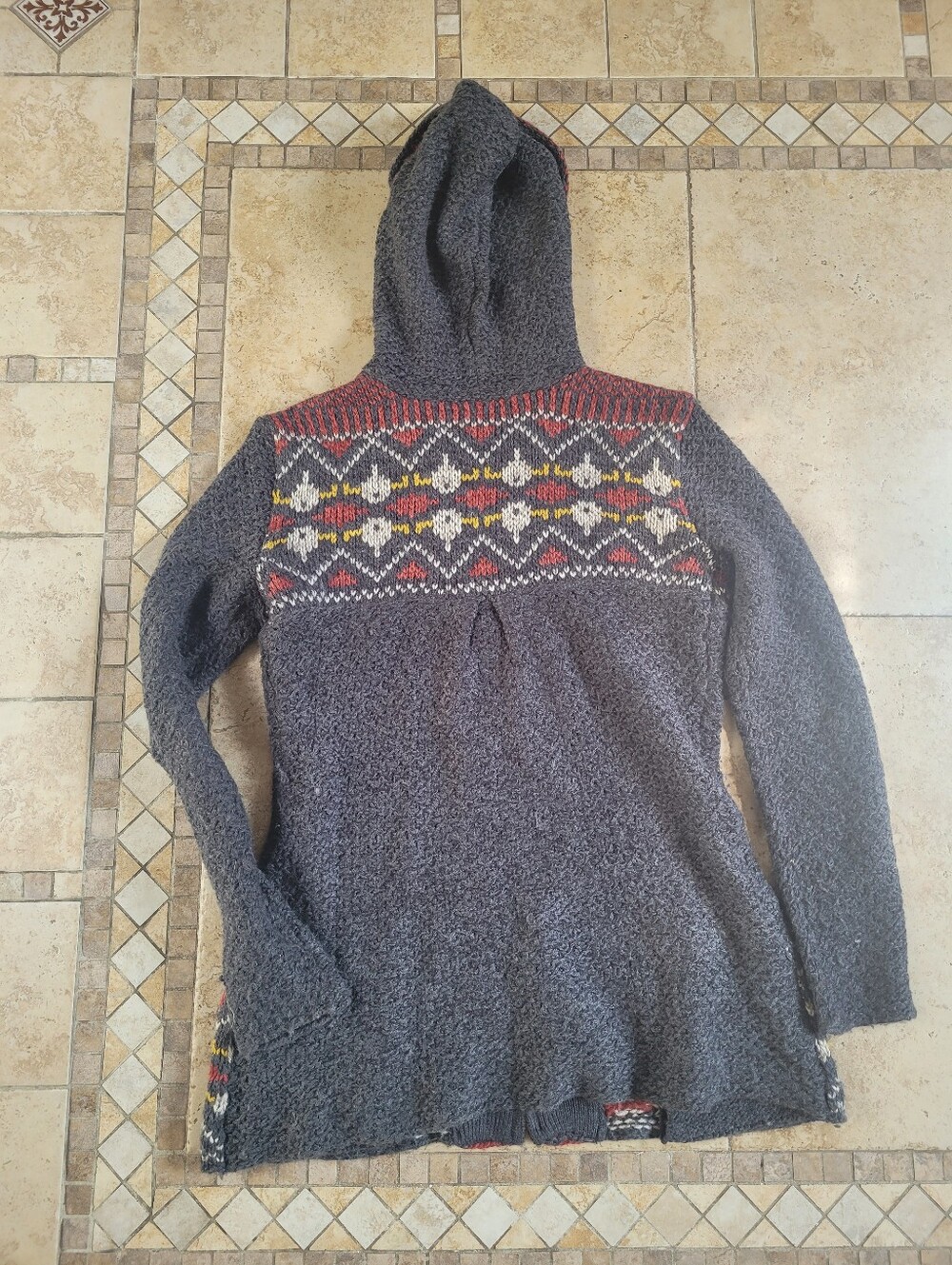 Royal Robbins Charcoal Hooded Zip Cardigan with Red and Yellow Fair Isle - Picture 6 of 6
